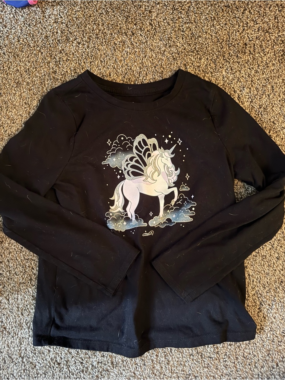 Girls Black Unicorn Graphic Long-Sleeve Top